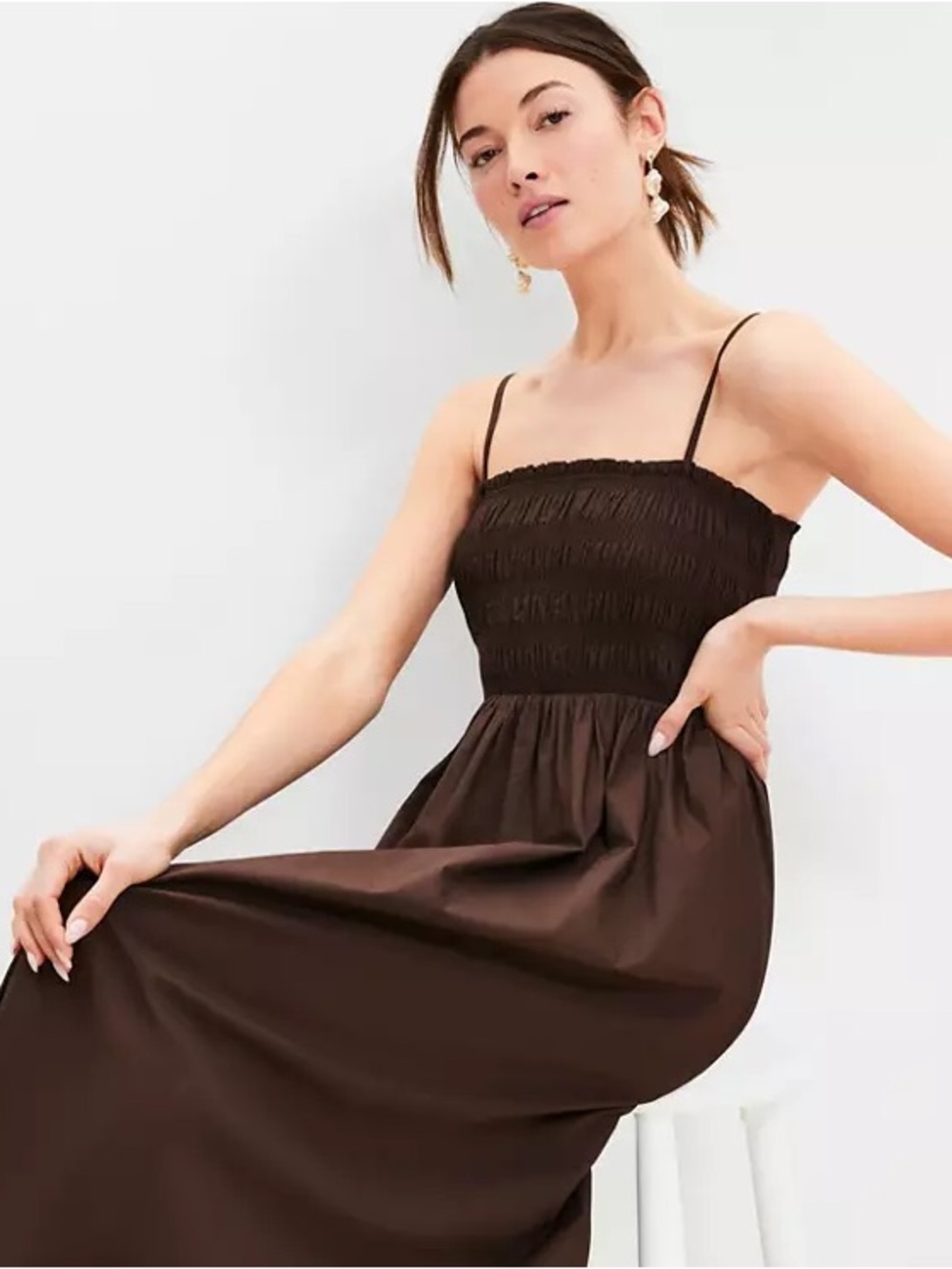 LOFT Brown Smocked Maxi Dress with Spaghetti Straps